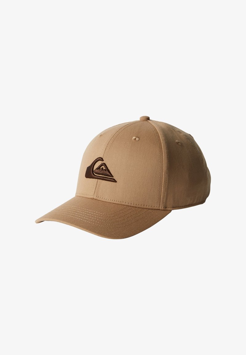 Tan baseball cap made of fabric with a structured shape, featuring a stitched brown logo of a mountain and wave on the front.