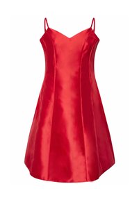 Vestido de satén rojo con escote en V, tirantes ajustables, corsé ajustado y falda acampanada que llega hasta la mitad del muslo.
