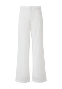 Weiße weit geschnittene Hosen aus strukturiertem Stoff, mit gestickten Blumenmustern. Sie haben einen geraden Schnitt und einen Bund ohne sichtbare Beschläge.