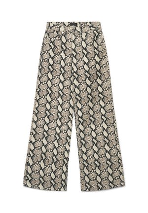 Pantalon à jambes larges avec un motif serpent beige et noir et fermeture boutonnée devant sur fond blanc.