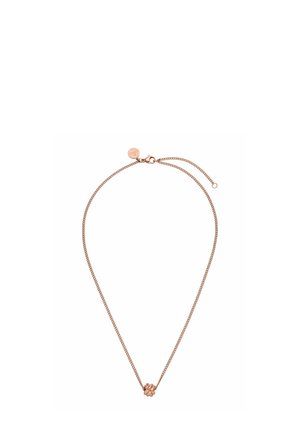 Rosa-goldene Halskette mit einem verdrehten Knotenanhänger an einer dünnen Kette, ausgestattet mit einem Karabinerverschluss und einstellbarer Länge.