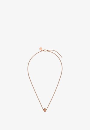 Rosa-goldene Halskette mit einem verdrehten Knotenanhänger an einer dünnen Kette, ausgestattet mit einem Karabinerverschluss und einstellbarer Länge.