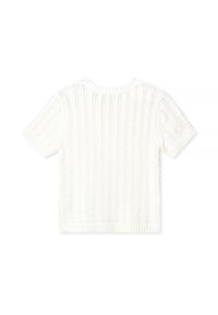 Balta īsu piedurkņu adīta džemperis ar teksturētu ribu rakstu un apaļu kakla izgriezumu, ar īsu piegriezumu un elastīgu apakšmalu.