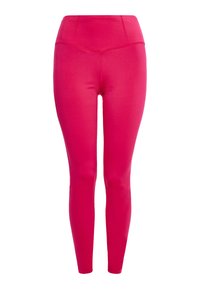 Leggings rosa con una vita alta, caratterizzati da una superficie liscia e un tessuto elasticizzato, progettati per comfort e flessibilità.