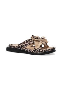 Leopardmuster-Slidesandalen mit einer beigen Stoffschleife, offenem Zehenbereich, flexibler schwarzer Sohle und strukturiertem Fußbett für zusätzlichen Komfort.