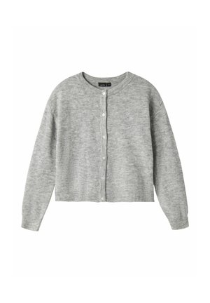 Jasnoszary kardigan na długim rękawie, zapinany na guziki, z okrągłym dekoltem oraz ściągaczami na mankietach i dole, przedstawiony na białym tle.