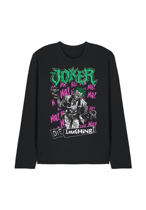 Black long-sleeve shirt with graphic of a Joker character holding a skull, green text "The Joker," pink "Ha! Ha!" text, and "Die Laughing!" at the bottom.