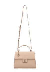 Borsa a mano in pelle beige con forma strutturata, manico superiore e tracolla regolabile. Presenta una chiusura in tonalità oro e cuciture decorative lungo la cucitura.
