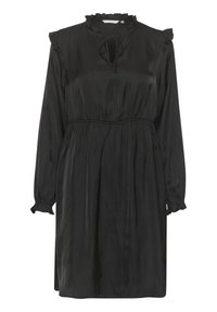 Svart satindress med långa ärmar, volangdetaljer vid axlarna och halsringningen samt resårmidja för en avslappnad passform.