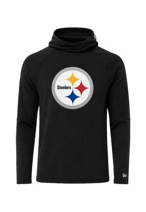 Czarna koszulka z długim rękawem i kapturem z logo Pittsburgh Steelers z żółtą, czerwoną i niebieską gwiazdą wewnątrz szarego koła.