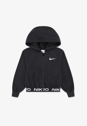 Moleton preto com fecho, apresentando capuz, punhos e cintura elásticos, logotipo da Nike no peito, e faixa branca contrastante ao longo da bainha.