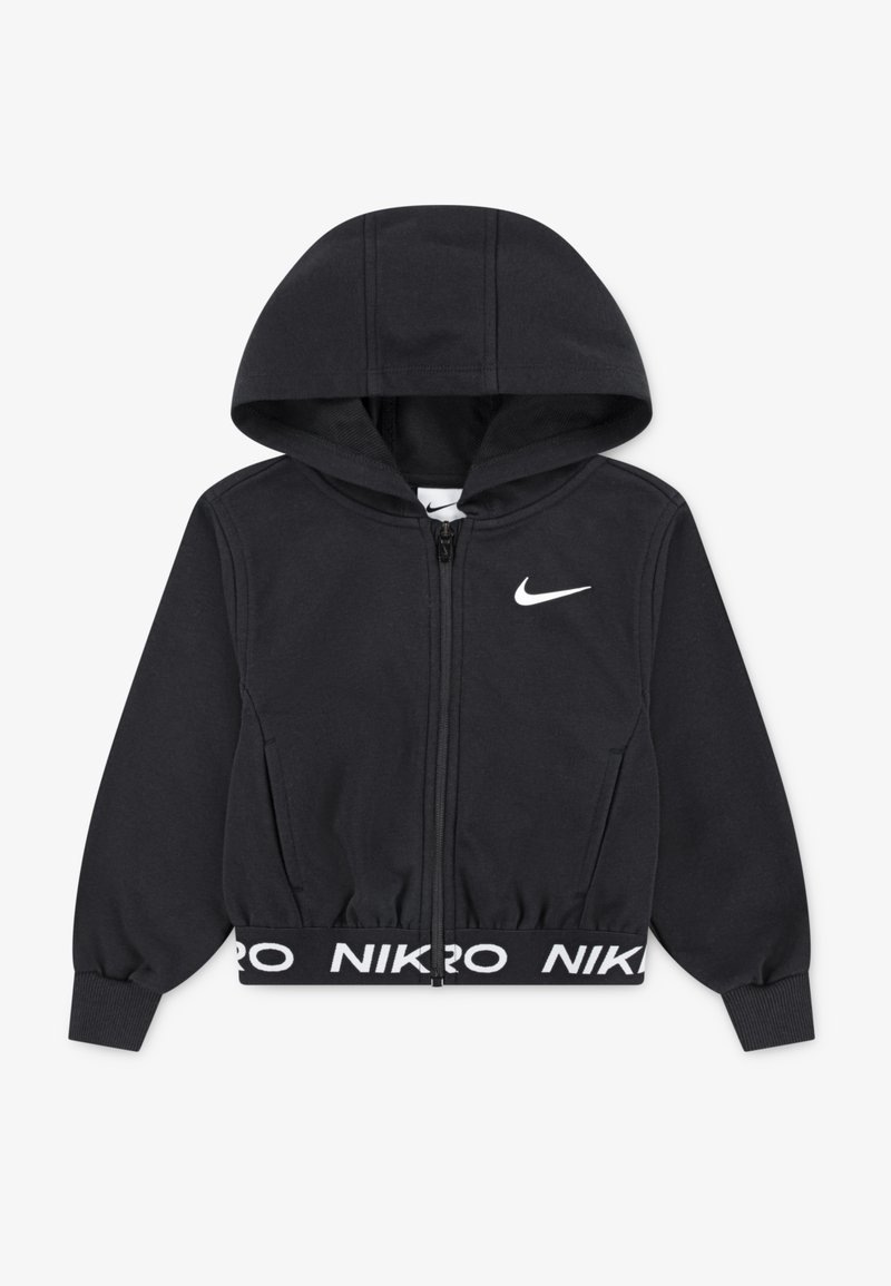 Sudadera negra con cremallera y capucha, que cuenta con puños y cintura elásticos, logo de Nike en el pecho y una banda blanca contrastante a lo largo del dobladillo.
