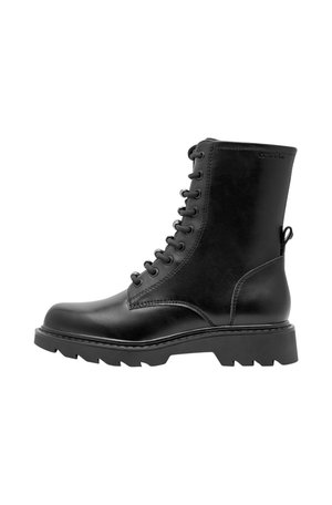 Black leather lace-up combat boot with thick rubber sole and pull tab at heel, shown from the outer side on white background.