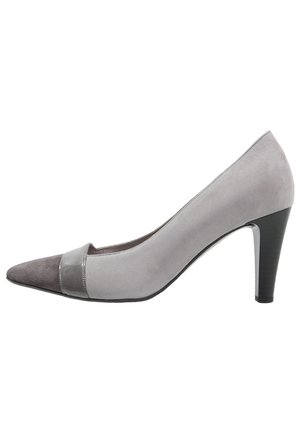 Chaussure à talons hauts bicolore pour femme avec bout pointu, présentant un avant en suède gris et un corps en suède gris clair, ainsi qu'un talon empilé foncé.