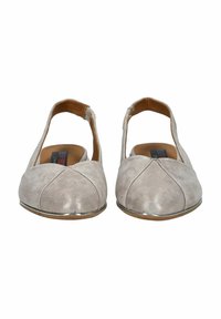 Šedé ploché boty z falešné semišové kůže s kulatou špičkou, výřezy na bocích a metalickým lemem podél podrážky. Hladký povrch s jednoduchým designem.