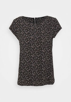 Black short-sleeved top with a floral pattern in pink and white, featuring a round neckline and a zip closure at the back.