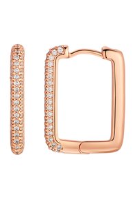 Rosen-guld øreringe med et tekstureret bånd og små klare krystaller arrangeret i en linje, sammen med et firkantet hoop-design.