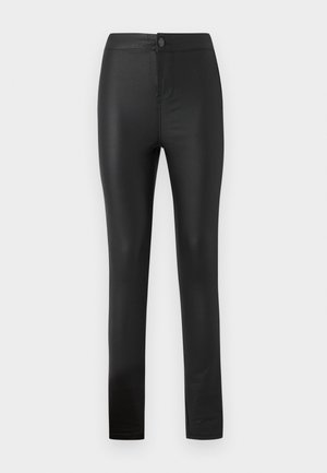 Black leggings made of stretchy, smooth material with a fitted design, featuring a front button and zipper closure, and straight legs.
