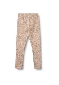 Legginsy w kwiatowy wzór wykonane z miękkiego, lekkiego materiału; mają beżowe tło z drobnymi, fioletowymi i pomarańczowymi kwiatowymi wzorami. Elastyczny pas, dopasowany krój.