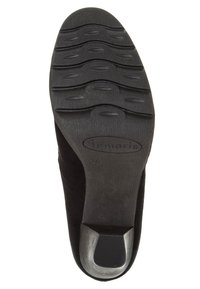 Czarna podeszwa buta z teksturowanej gumy, z wzorzystymi rowkami i metalicznym akcentem na pięcie. Rozmiar oznaczony jako 37.