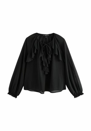 Black blouse made of lightweight fabric with long sleeves, ruffled front, and a tie neckline. Elastic cuffs create a loose fit.