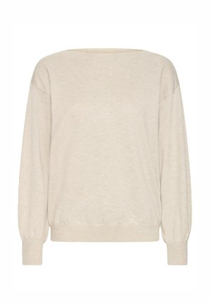 Smėlio spalvos didelio dydžio megztinis su plačiu valtine iškirpte, ilgomis rankovėmis ir briaunotomis rankogaliais. Minkšta tekstūra ir laisvas kirpimas, tinkamas sluoksniavimui.