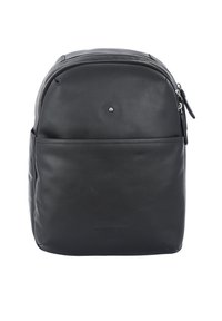 Zaino in pelle nera con una texture liscia, forma arrotondata, chiusura con zip superiore e tasca frontale. Presenta accenti hardware minimalisti.
