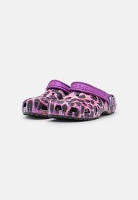 Purple and black leopard print clogs with a back strap, made of synthetic material, featuring ventilation holes and a textured sole.