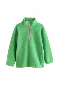Pullover in pile di colore verde brillante con colletto a mezza zip. Presenta una superficie morbida e testurizzata e una cerniera contrastante di colore rosa.