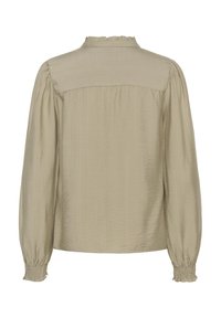 Világos olajzöld, hosszú ujjú blúz fodros gallérral, texturált anyagból és ráncolt mandzsettákkal. Laza fazon, egyenes hátkialakítás, látható záródás nélkül.