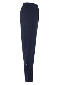Marineblauwe sportbroek gemaakt van gladde stof. Bevat een elastische tailleband, zijzakken met rits en een witte accent bij de zoom. Tapered design.