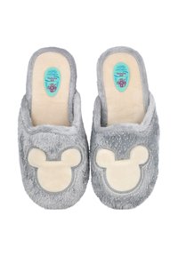 Zapatillas de casa de felpa gris con un diseño de cabeza de Mickey Mouse crema en la parte superior y plantillas de color crema claro etiquetadas "Natalia Gil."