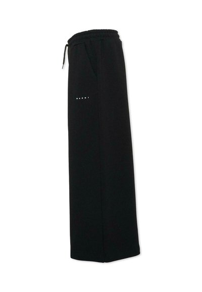 Czarne szerokie spodnie dresowe z elastycznym pasem, bocznymi kieszeniami, sznurkiem oraz małym białym logo "Marni" na udzie.
