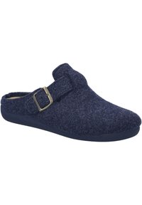 Mocassin en laine marine à enfiler avec une finition texturée, une sangle ajustable et une semelle en caoutchouc offrant durabilité et confort.