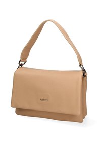 Borsa a tracolla in pelle beige con un design strutturato, cinturino singolo e logo del marchio discreto sulla parte anteriore. Texture liscia, senza motivi visibili.