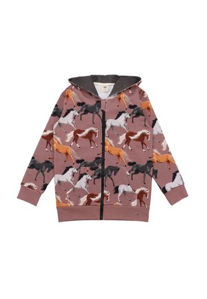 Hoodie aus weichem pinkfarbenem Stoff mit einem bunten Allover-Print von galoppierenden Pferden in verschiedenen Farben. Mit einer kontrastierenden grauen Kapuze.