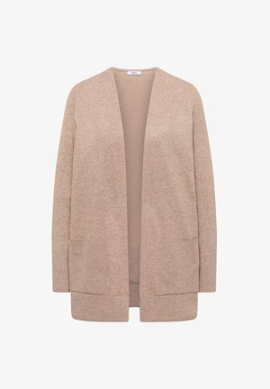 Beige Strickjacke mit offener Vorderseite, langen Ärmeln und zwei vorderen Taschen. Weicher Stoff mit gerippten Akzenten am Saum und den Bündchen.