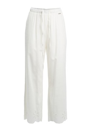 Pantaloni di lino bianco con design a gamba larga, dotati di vita con coulisse e dettagli floreali ricamati all'orlo.