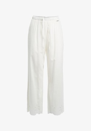 Pantalon en lin blanc à coupe large, avec une ceinture à cordon de serrage et des accents floraux brodés à l'ourlet.