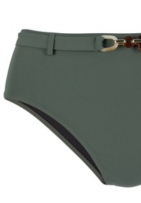 Bikini kalhotky s vysokým pasem v olivově zelené barvě, vyrobené z hladké tkaniny. Obsahují pásek s detailem sponky zlatého a hnědého řetězu.