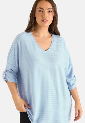 Frau mit langen braunen Haaren, die einen hellblauen, gerippten V-Ausschnitt-Pullover mit hochgekrempelten Ärmeln und schwarze Hosen vor weißem Hintergrund trägt.