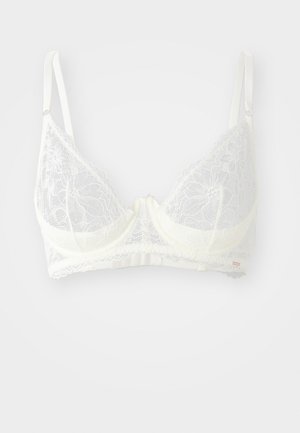 White lace bralette featuring a floral pattern, triangular cups, adjustable straps, and a soft underband for comfort.