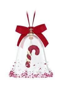 Adorno de campana de cristal transparente con un bastón de caramelo rojo y blanco en el interior, rematado con un lazo rojo y relleno de confeti rosa en la base.