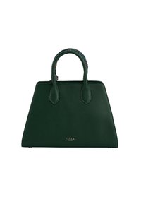 Zelená kožená kabelka so štruktúrovaným dizajnom, dvojitými zaoblenými uchami a vzorovaným textilným akcentom na vrchu. Zlatý branding na prednej strane.