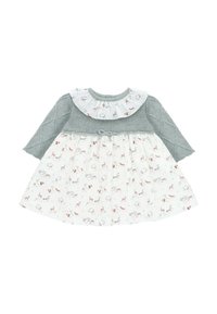 Vestido de punto con un torso texturizado en gris y mangas largas. Presenta una falda blanca con estampado de animales en tonos pastel y un cuello con volantes.