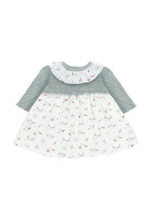 Vestido de punto con un torso texturizado en gris y mangas largas. Presenta una falda blanca con estampado de animales en tonos pastel y un cuello con volantes.