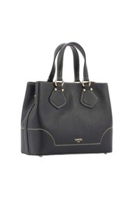 Sac à main en cuir noir avec des accessoires en or, forme structurée, doubles poignées et couture contrastante. Présente le logo sur le devant.