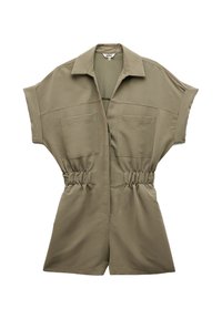 Tuta khaki con maniche corte, due tasche frontali, vita elastica per una vestibilità ottimale e chiusura con zip. Realizzata in tessuto leggero e liscio.