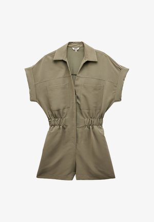 Mono caqui de mangas cortas, con dos bolsillos frontales, cintura elástica para un ajuste cómodo y cierre con cremallera. Fabricado en una tela suave y ligera.