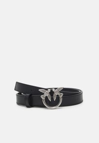 Black leather belt featuring a silver circular buckle with two bird accents. The buckle has detailed engravings on the birds.